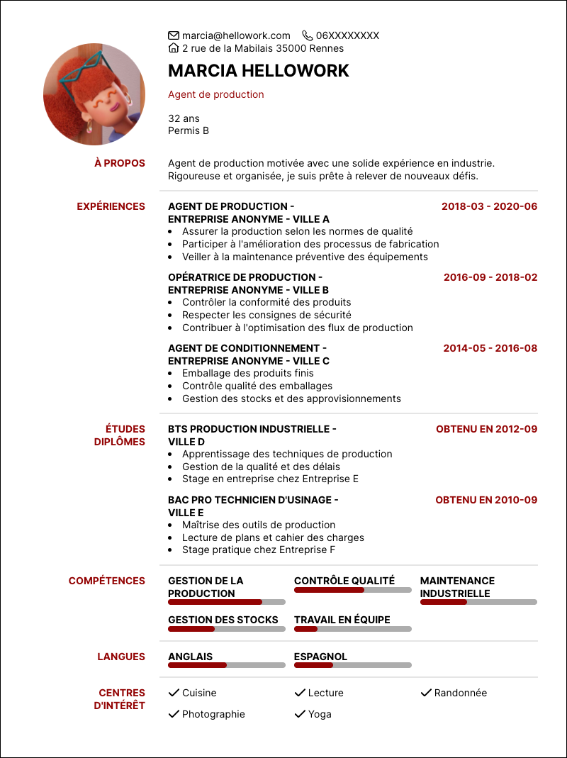 Modèle CV Agent de production Exemple CV Agent de production