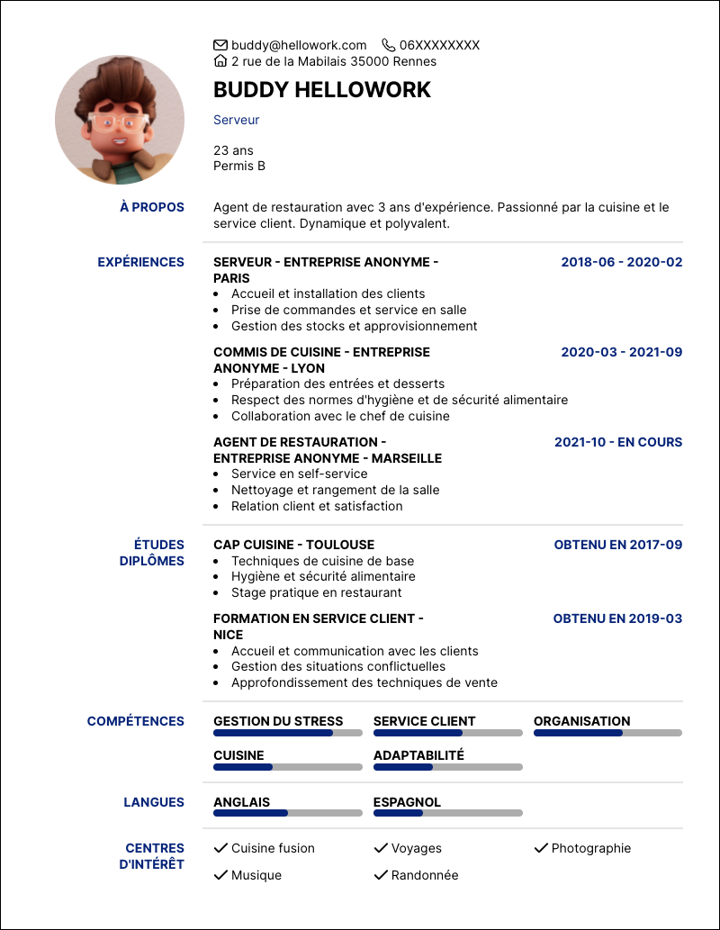 Modèle CV Agent de restauration Exemple CV Agent de restauration