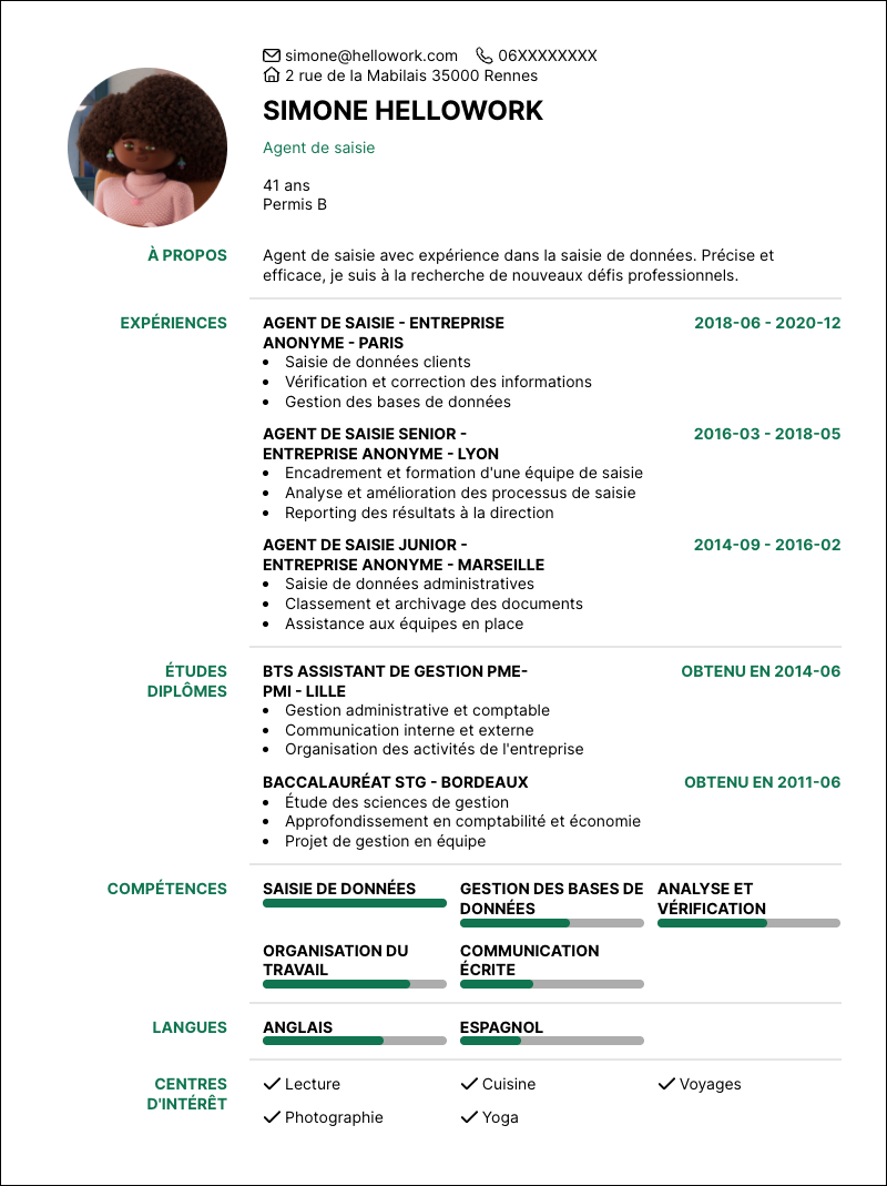 Modèle CV Agent de saisie Exemple CV Agent de saisie