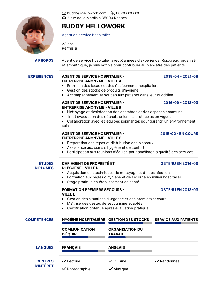 Modèle CV Agent de service hospitalier Exemple CV Agent de service hospitalier