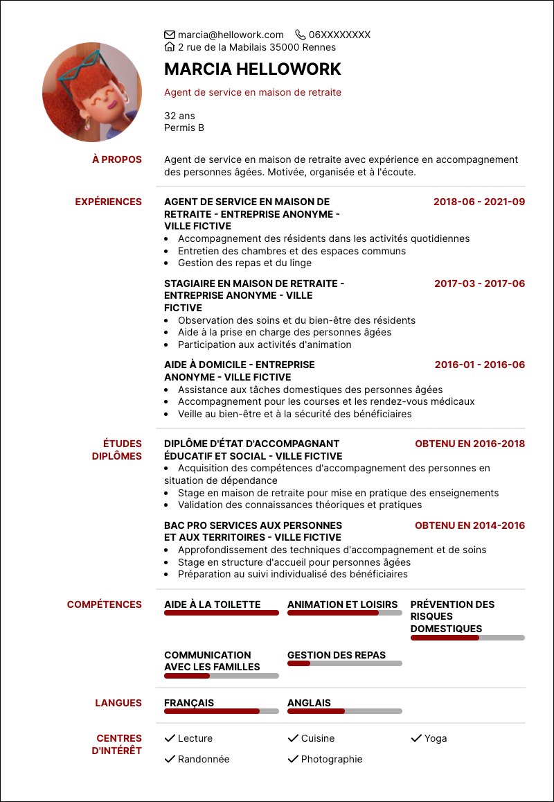 Modèle CV Agent de service maison de retraite Exemple CV Agent de service maison de retraite