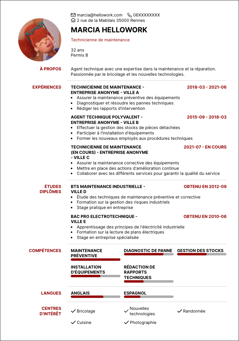 Modèle CV Agent technique Exemple CV Agent technique