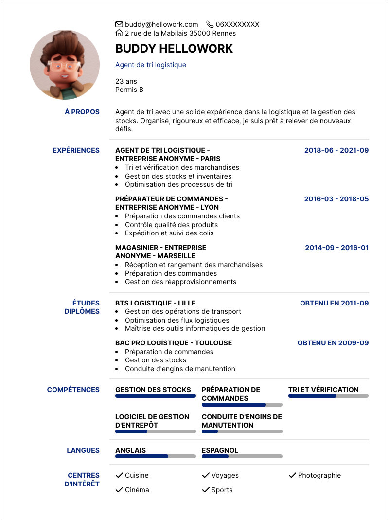 Modèle CV Agent de tri Exemple CV Agent de tri