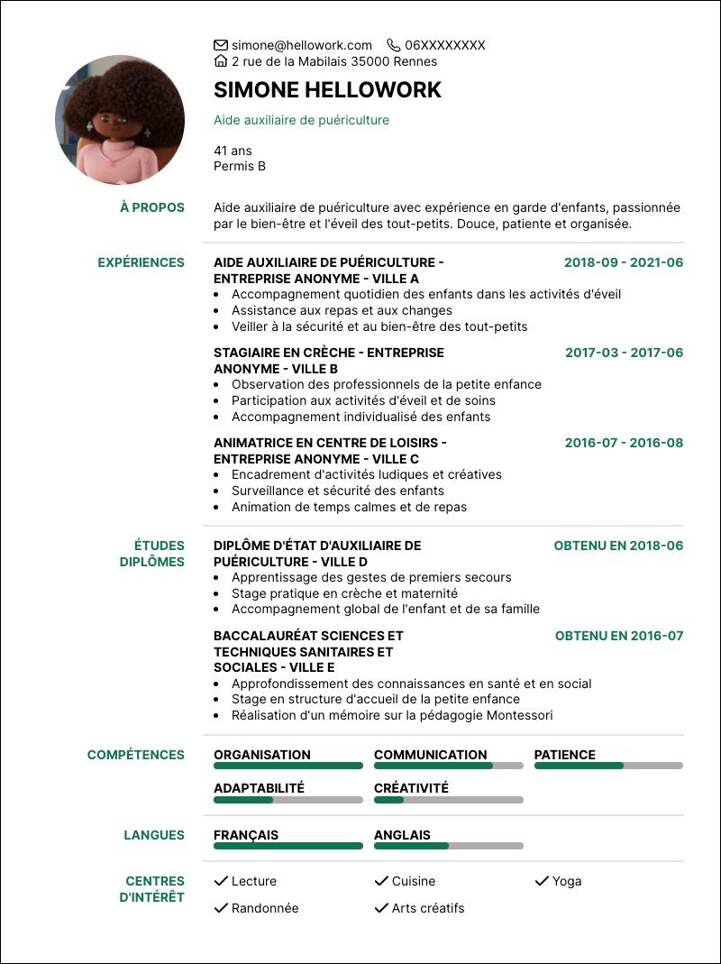 Modèle CV Aide auxiliaire de puériculture Exemple CV Aide auxiliaire de puériculture