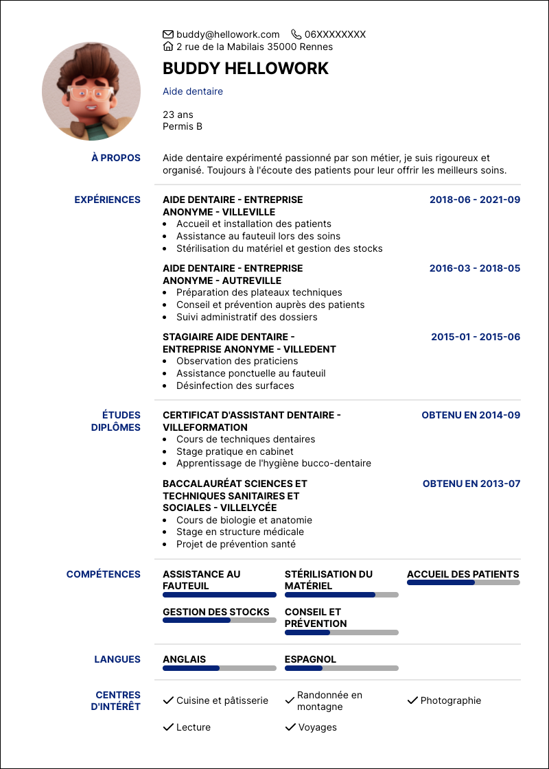 Modèle CV Aide dentaire Exemple CV Aide dentaire