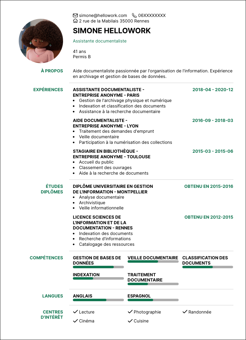 Modèle CV Aide documentaliste Exemple CV Aide documentaliste