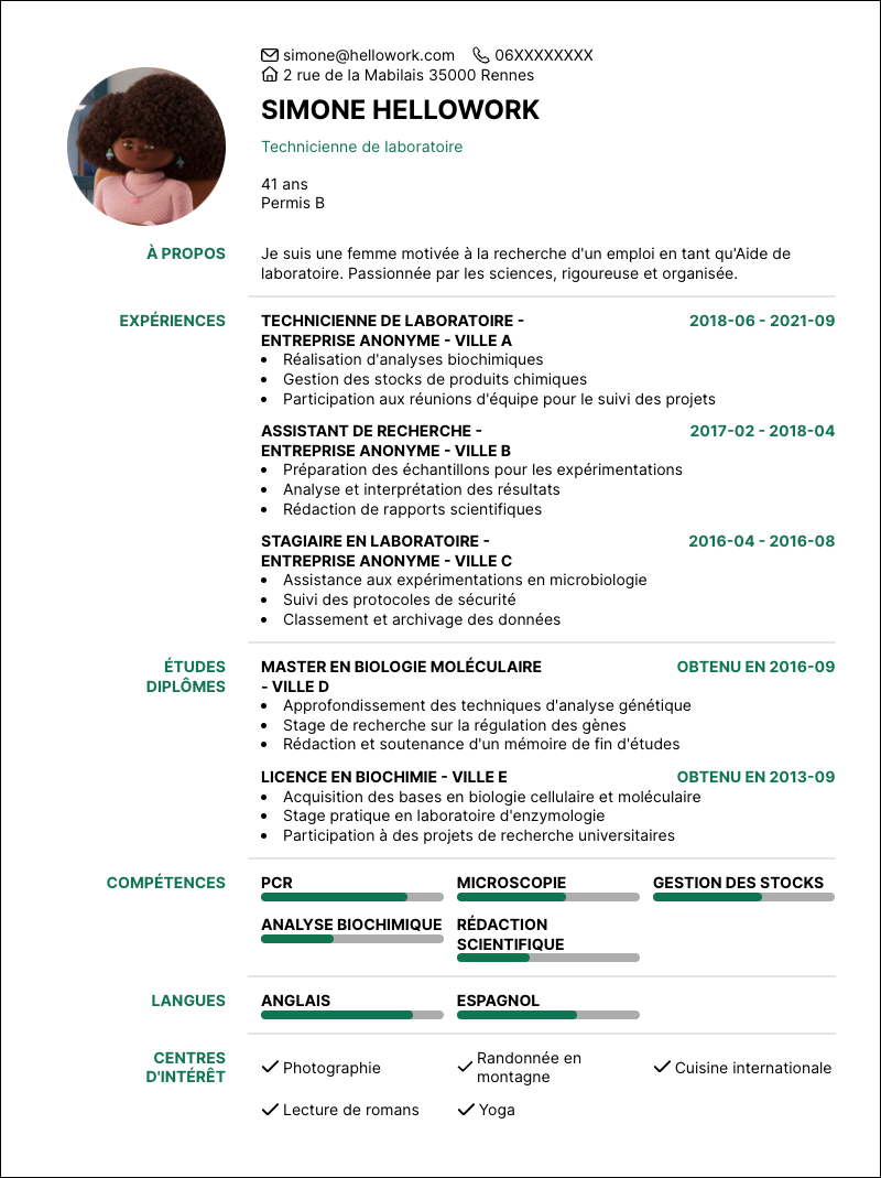 Modèle CV Aide de laboratoire Exemple CV Aide de laboratoire