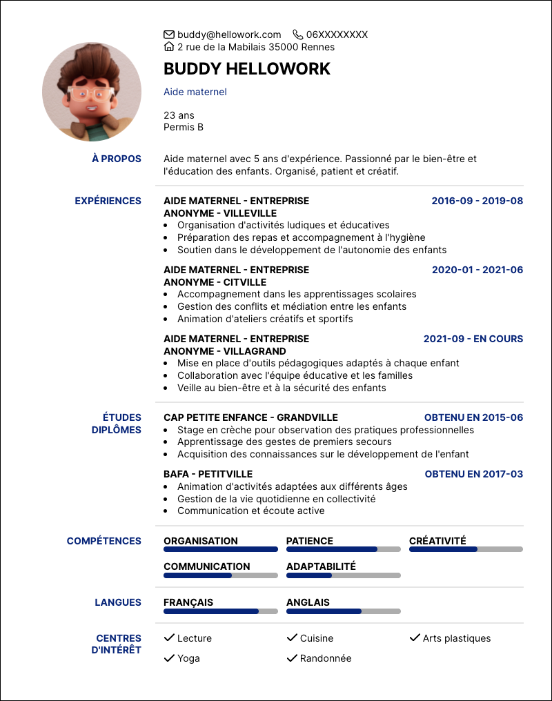 Exemple CV Aide maternel