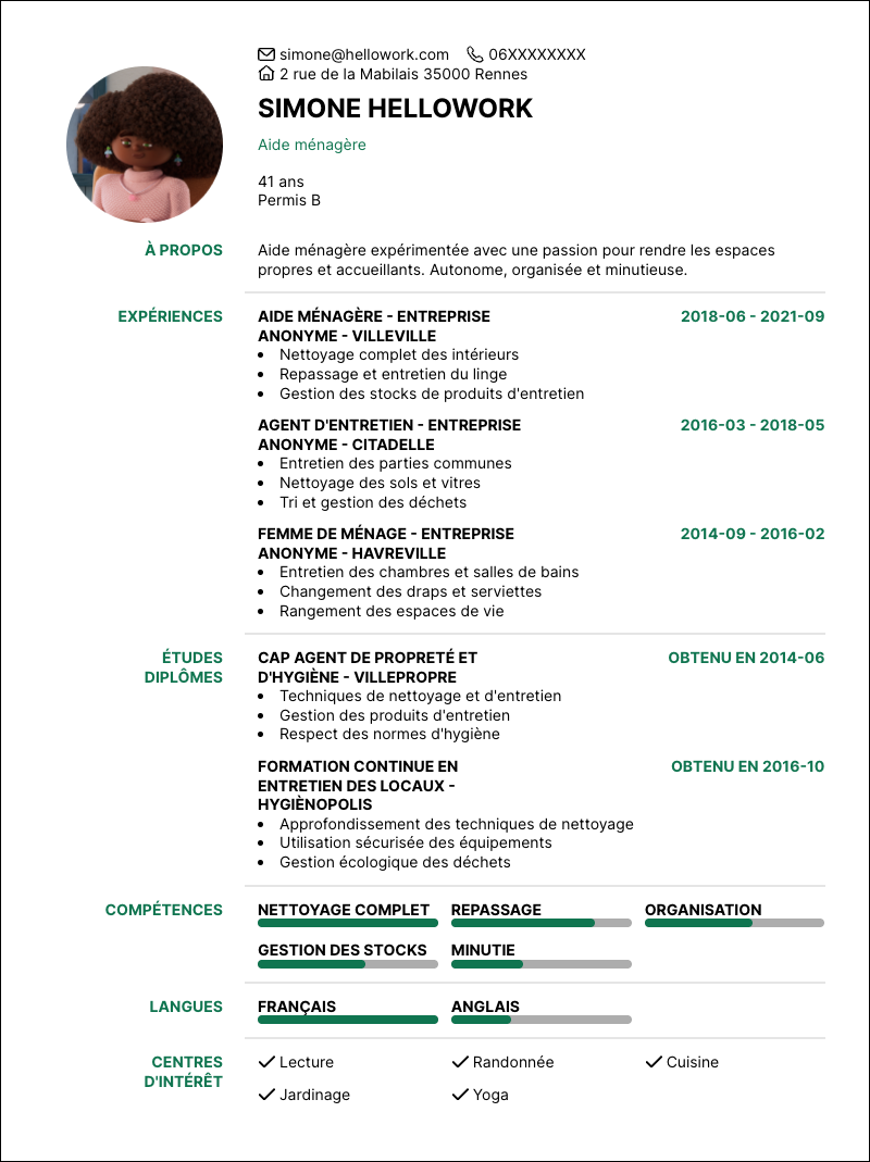 Modèle CV Aide ménagère Exemple CV Aide ménagère