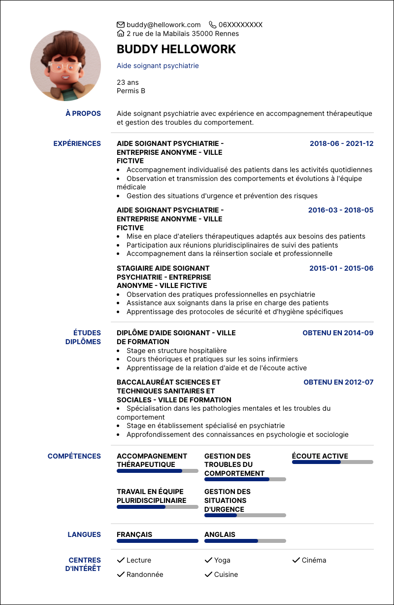 Modèle CV Aide soignant psychiatrie Exemple CV Aide soignant psychiatrie