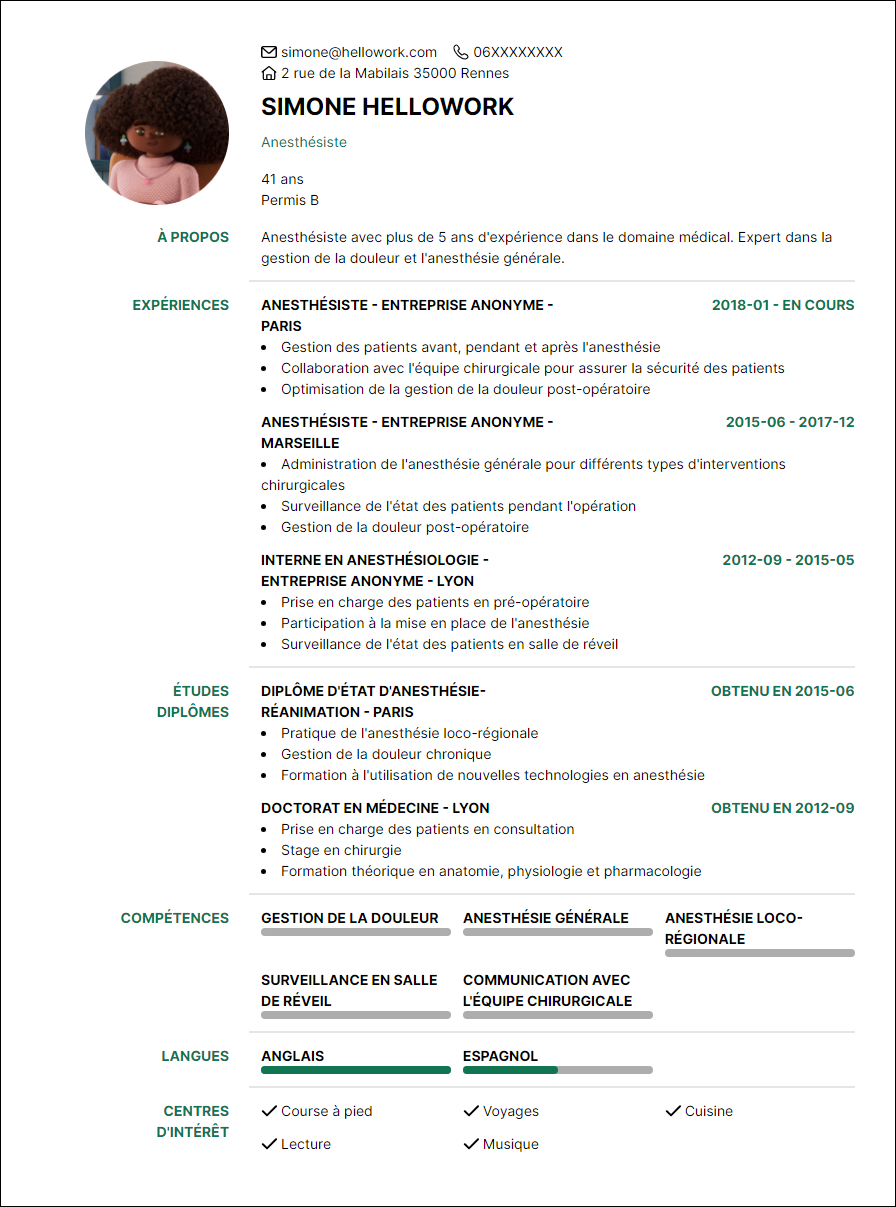 Modèle CV Anesthésiste Exemple CV Anesthésiste