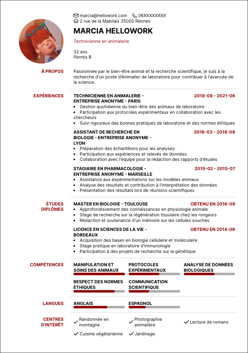 Modèle CV Animalier de laboratoire Exemple CV Animalier de laboratoire