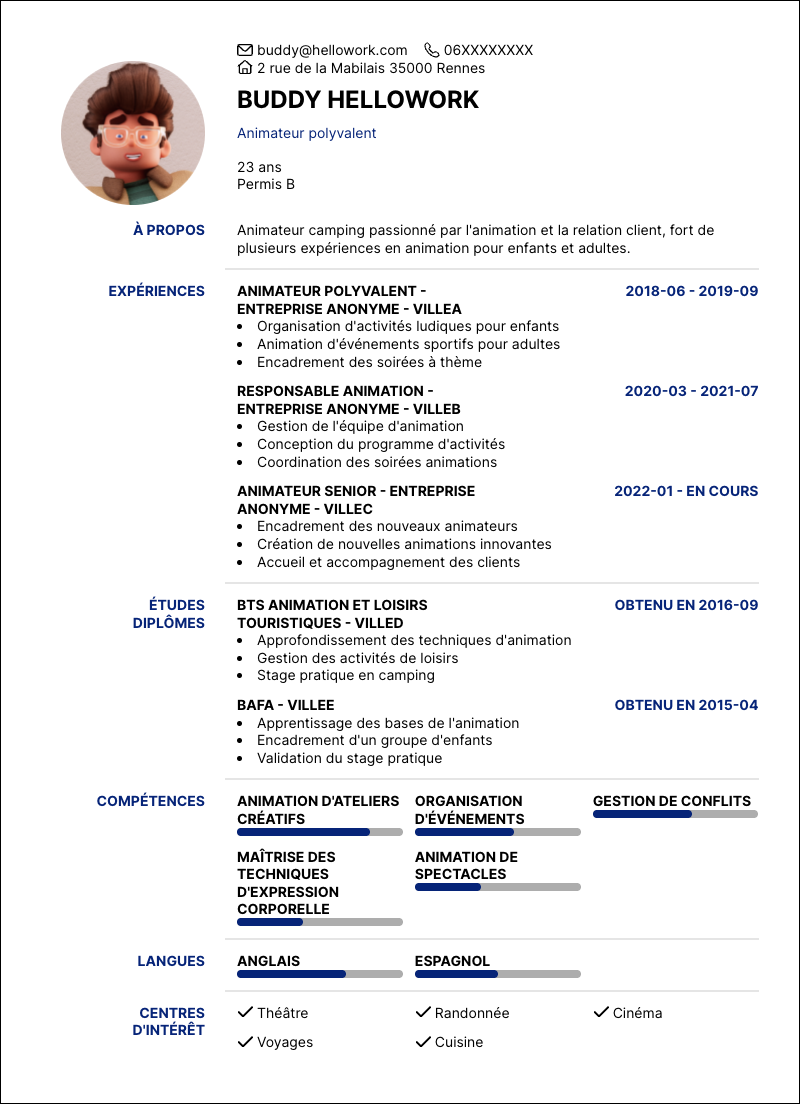 Modèle CV Animateur camping Exemple CV Animateur camping