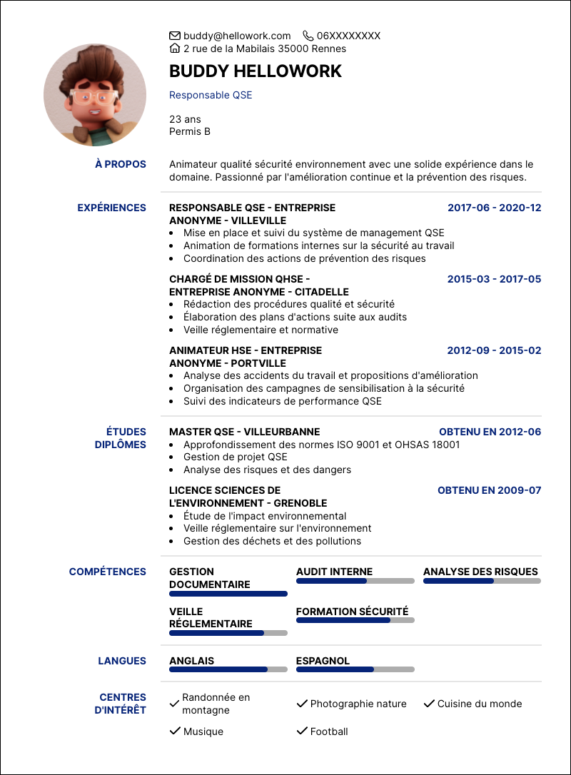 Modèle CV Animateur qualité sécurité environnement Exemple CV Animateur qualité sécurité environnement