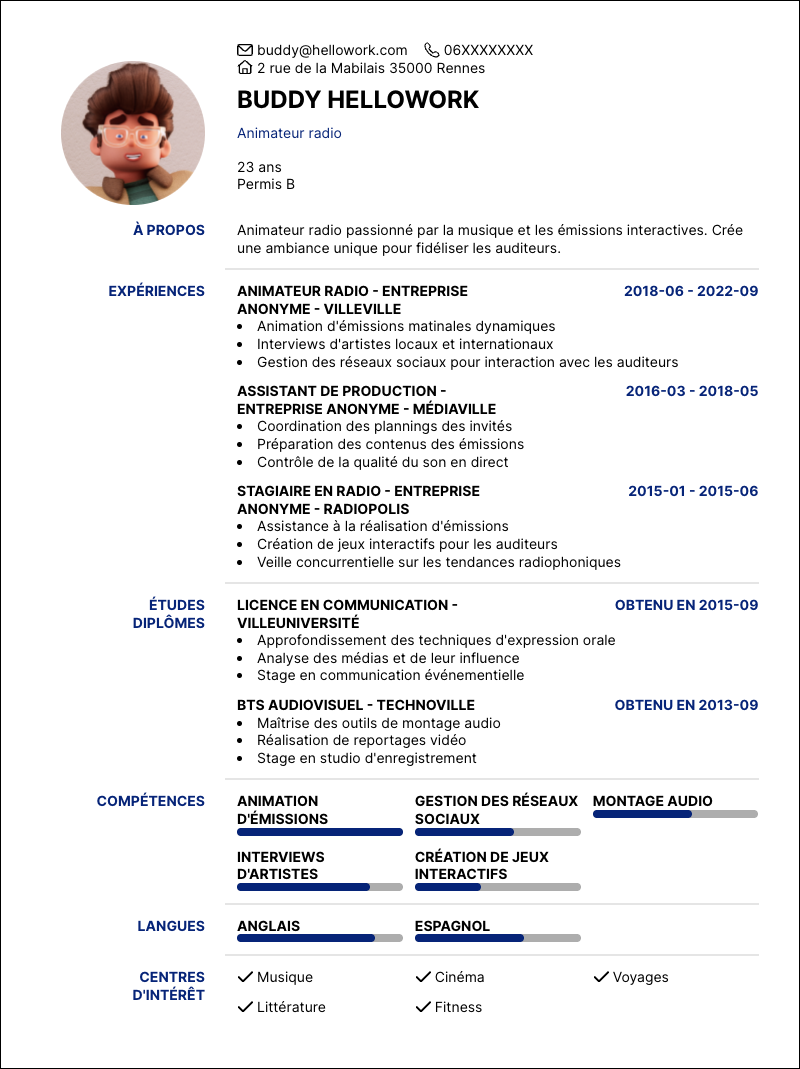 Modèle CV Animateur radio Exemple CV Animateur radio