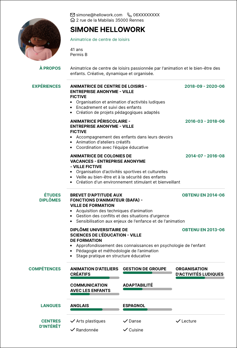 Modèle CV Animatrice de centre de loisirs Exemple CV Animatrice de centre de loisirs
