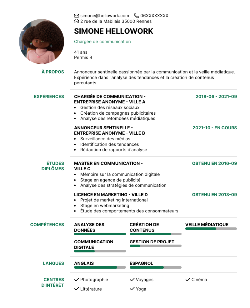 Exemple CV Annonceur sentinelle