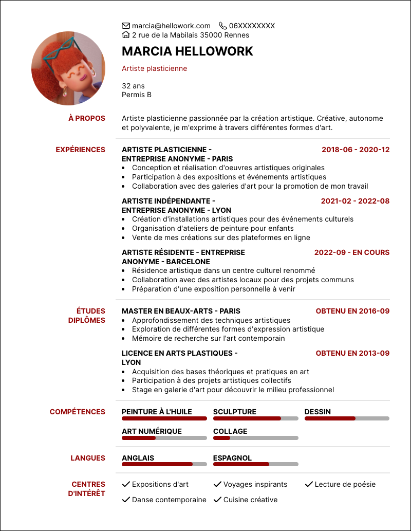 Modèle CV Artiste plasticien Exemple CV Artiste plasticien
