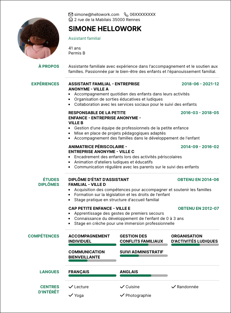 Modèle CV Assistant familial Exemple CV Assistant familial