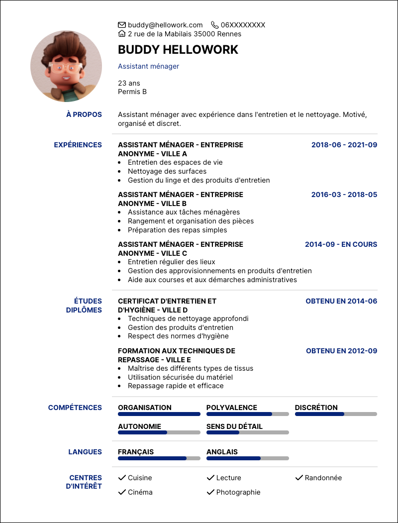 Modèle CV Assistant ménager Exemple CV Assistant ménager
