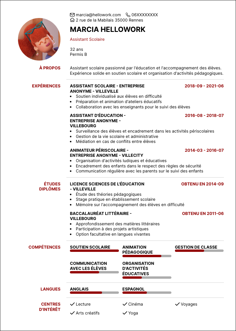Exemple CV Assistant scolaire