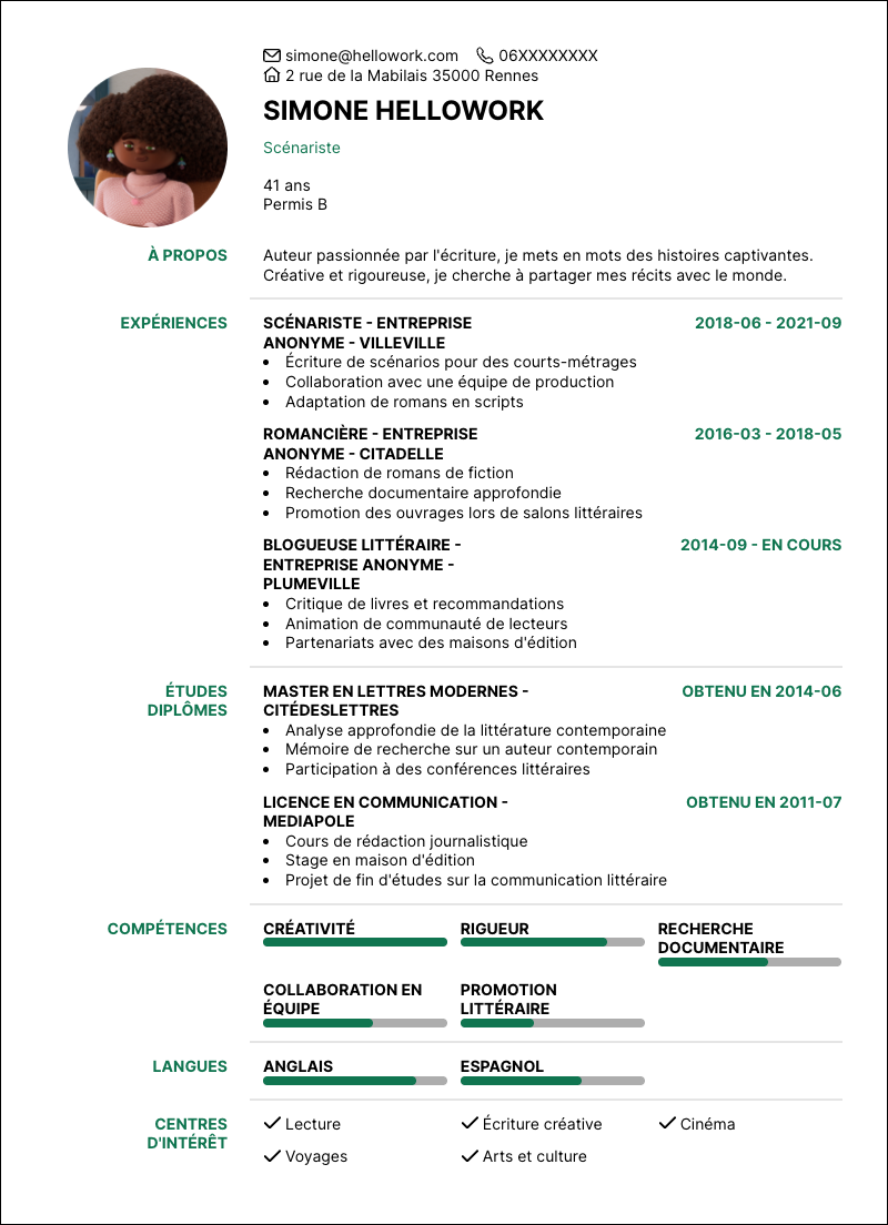Modèle CV Auteur Exemple CV Auteur