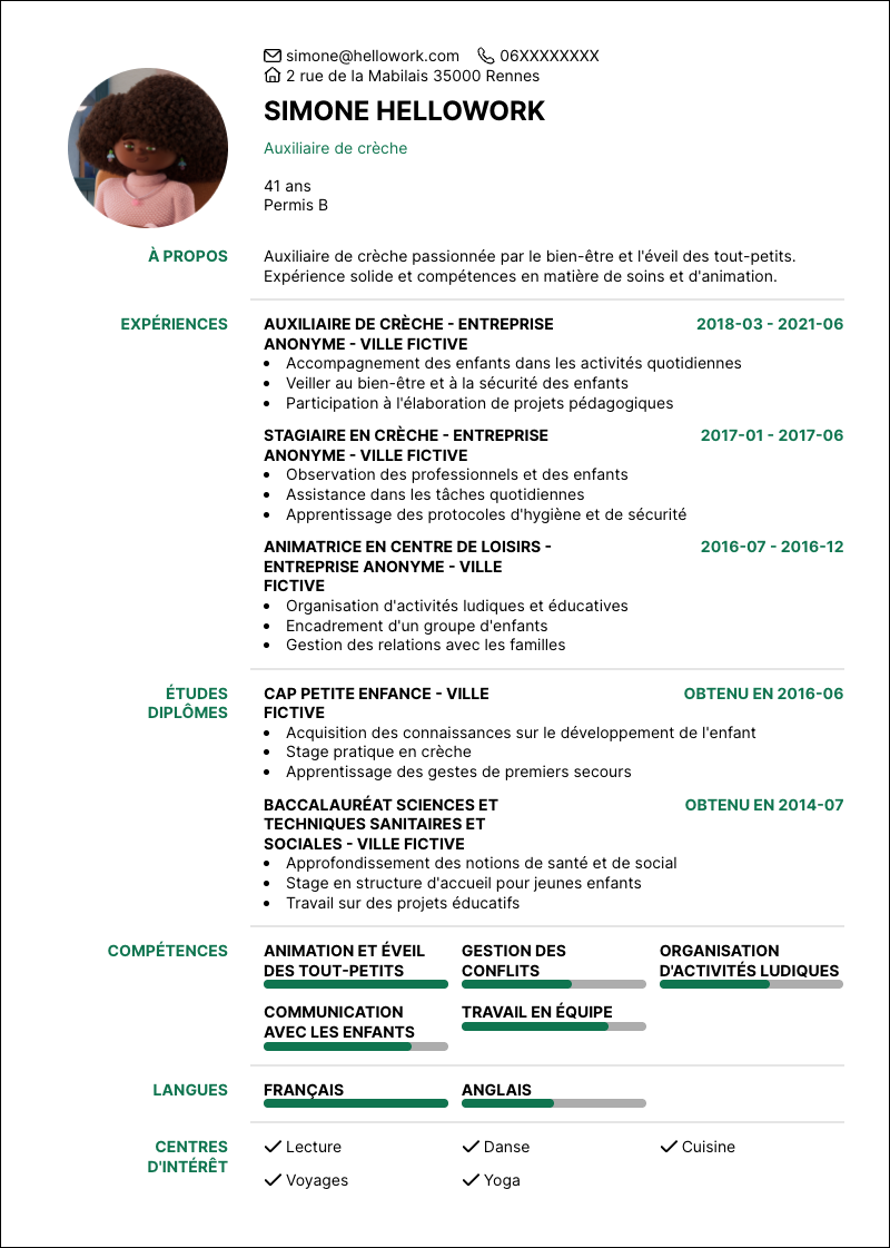 Modèle CV Auxiliaire de crèche Exemple CV Auxiliaire de crèche
