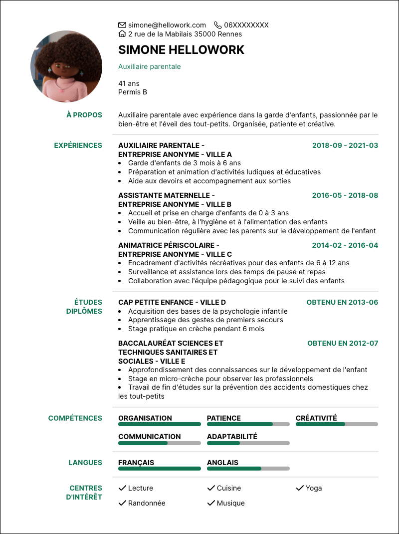 Modèle CV Auxiliaire parentale Exemple CV Auxiliaire parentale
