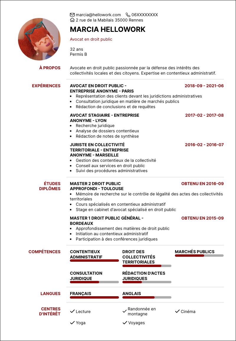 Modèle CV Avocat droit public Exemple CV Avocat droit public