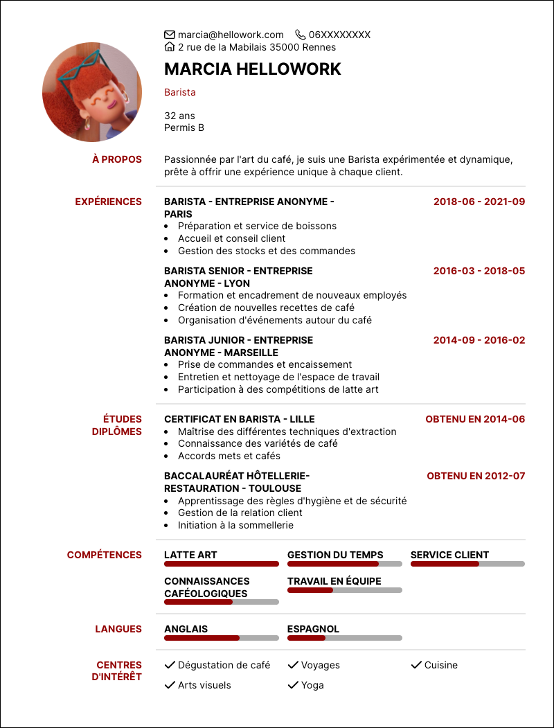 Modèle CV Barista Exemple CV Barista