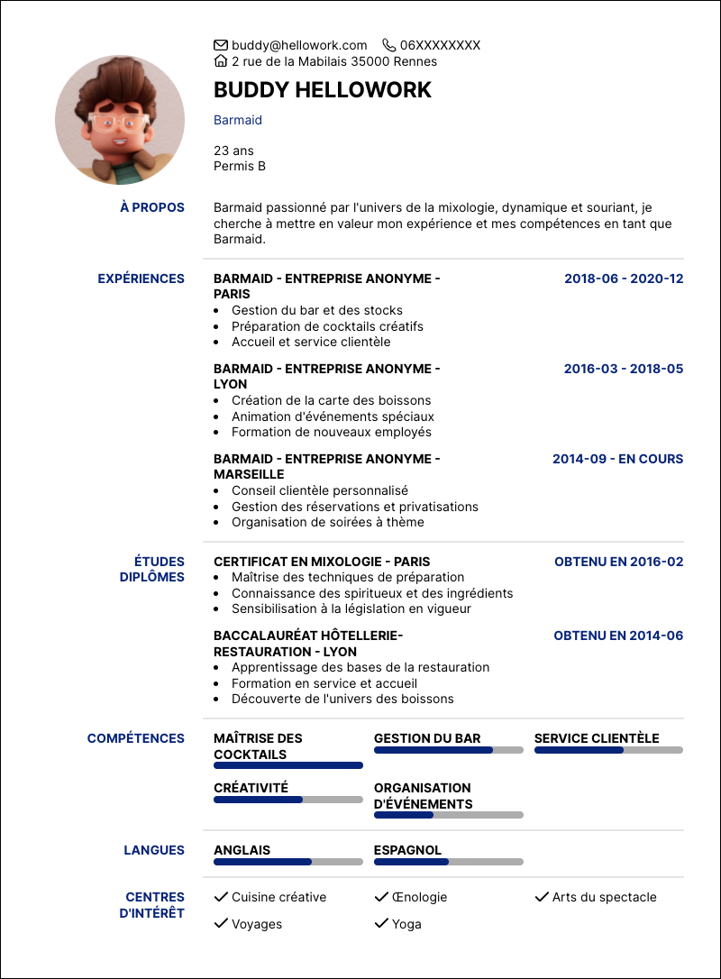 Modèle CV Barmaid Exemple CV Barmaid