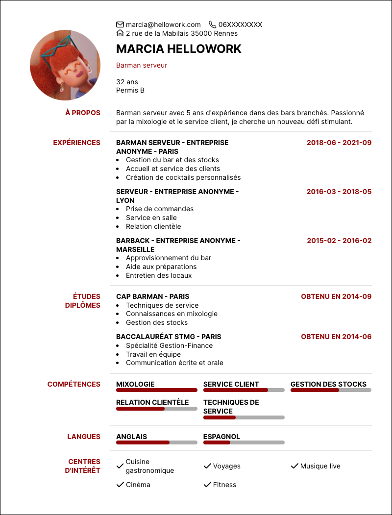 Modèle CV Barman serveur Exemple CV Barman serveur