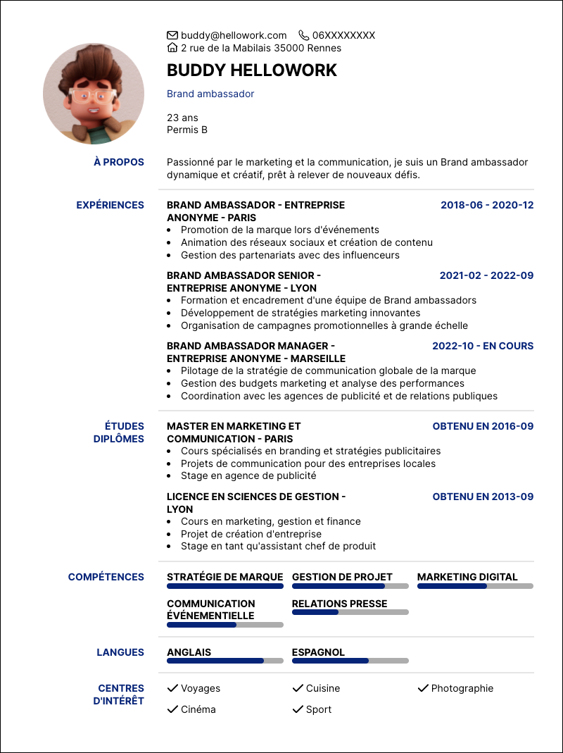 Modèle CV Brand ambassador Exemple CV Brand ambassador