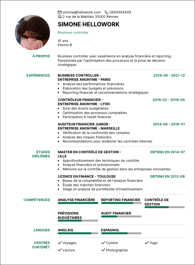 Modèle CV Business controller Exemple CV Business controller