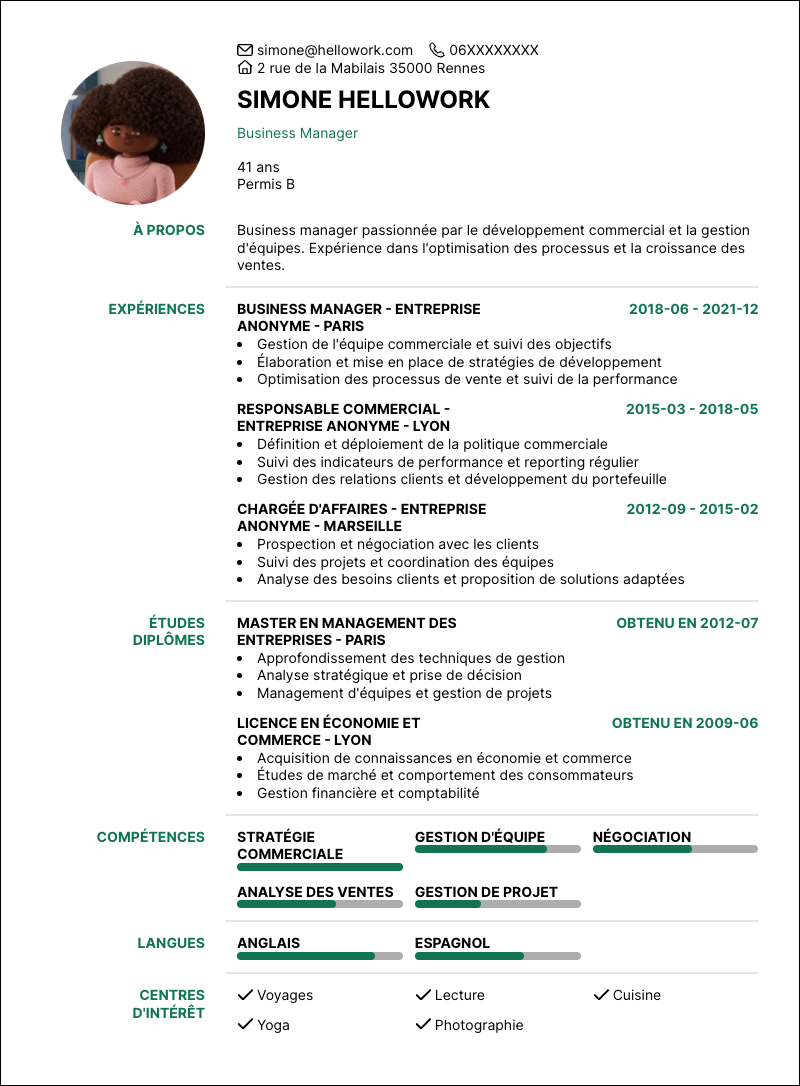 Modèle CV Business manager Exemple CV Business manager