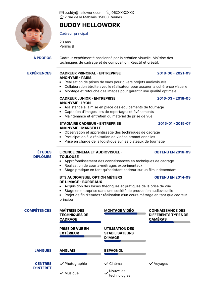Modèle CV Cadreur Exemple CV Cadreur