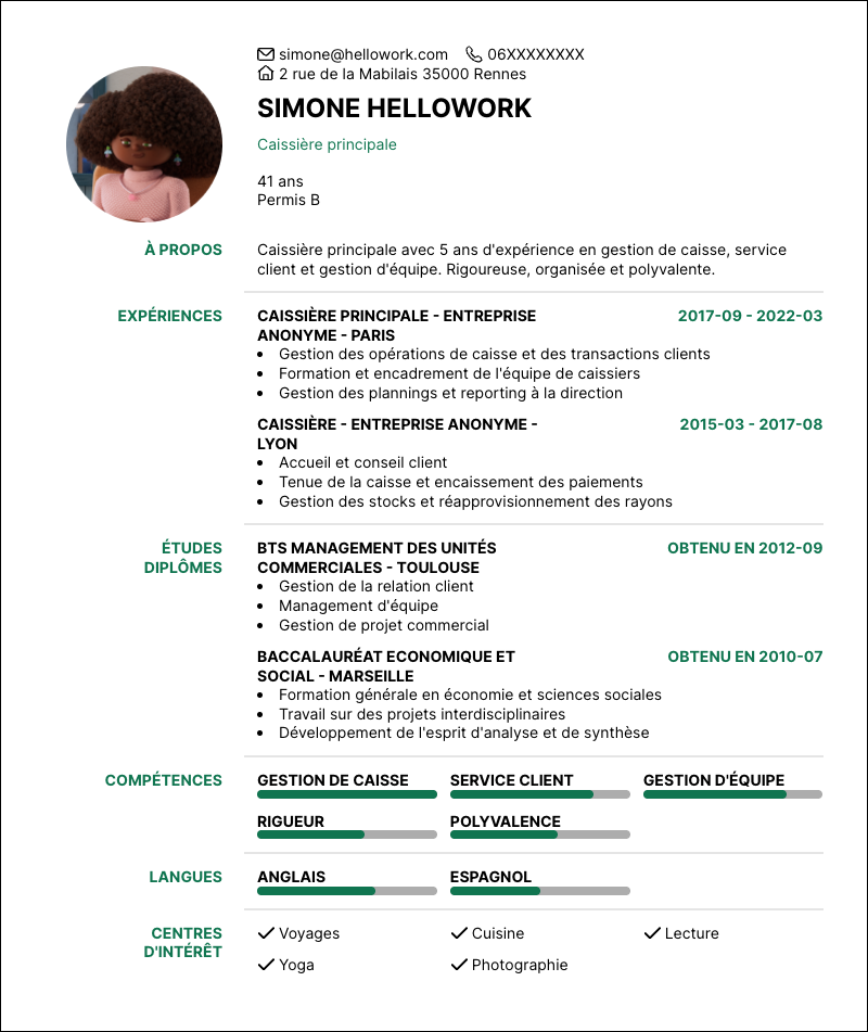 Modèle CV Caissier principal Exemple CV Caissier principal
