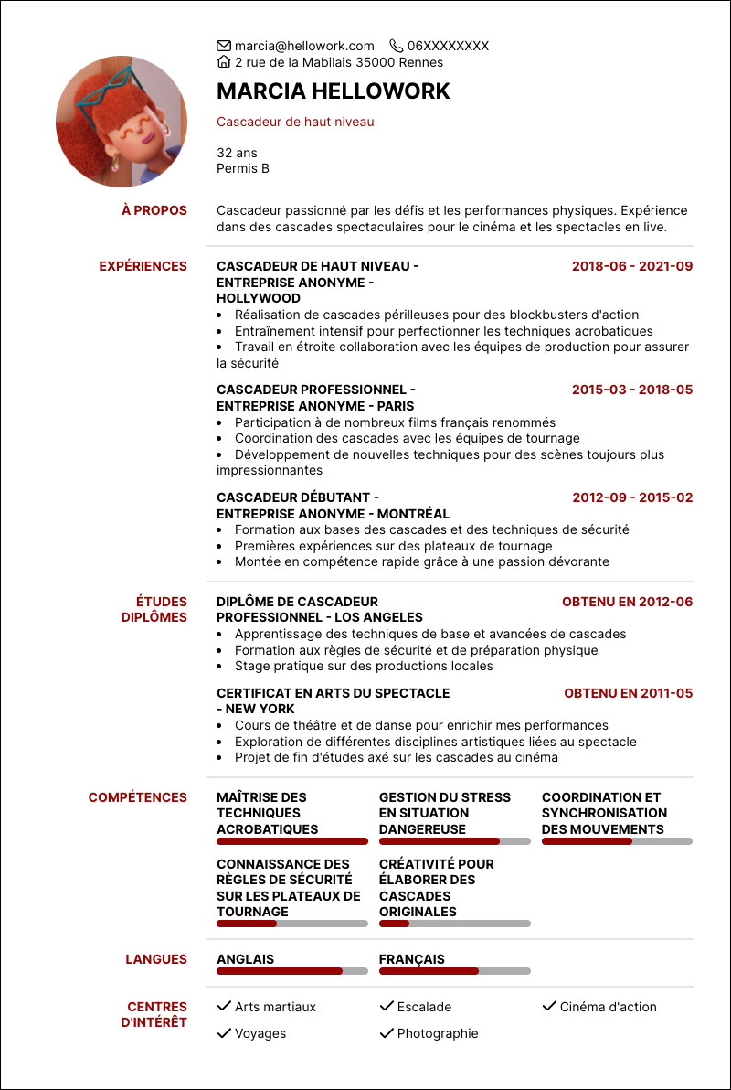 Modèle CV Cascadeur Exemple CV Cascadeur