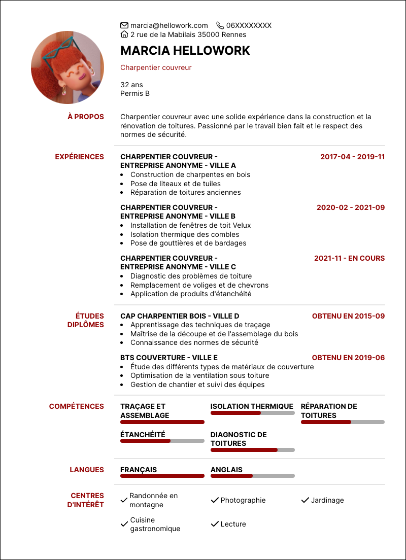 Modèle CV Charpentier couvreur Exemple CV Charpentier couvreur