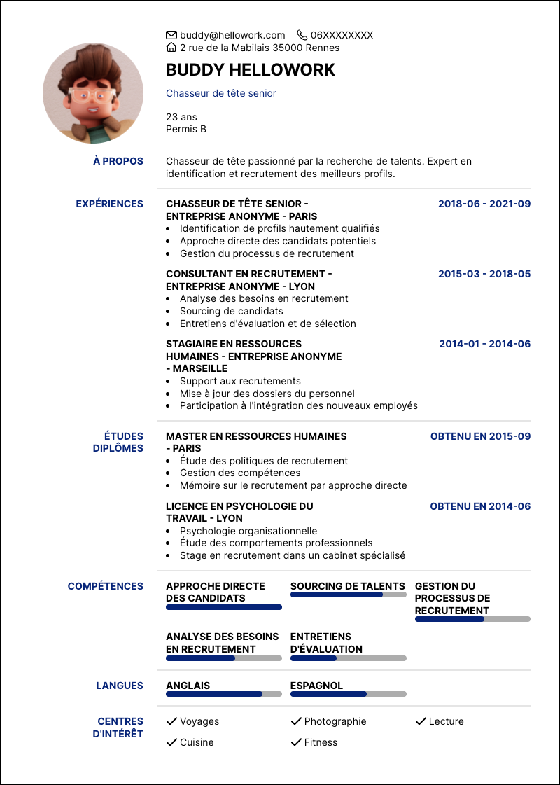 Modèle CV Chasseur de tête Exemple CV Chasseur de tête