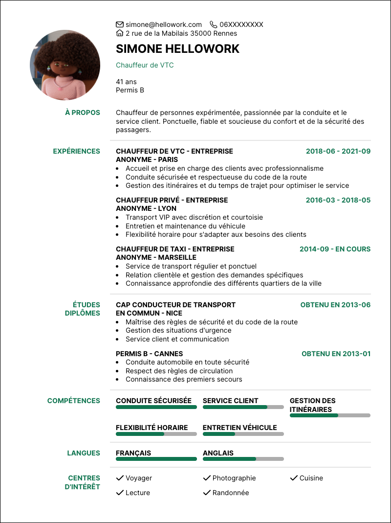 Modèle CV Chauffeur de personnes Exemple CV Chauffeur de personnes