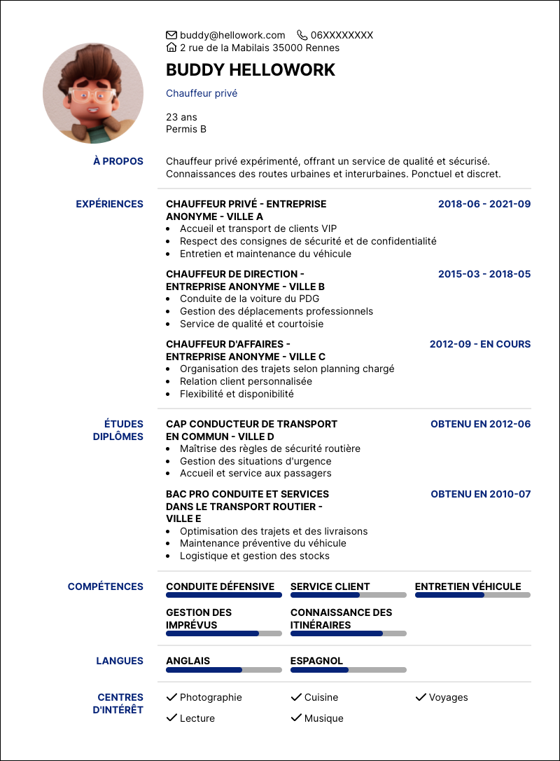 Modèle CV Chauffeur privé Exemple CV Chauffeur privé