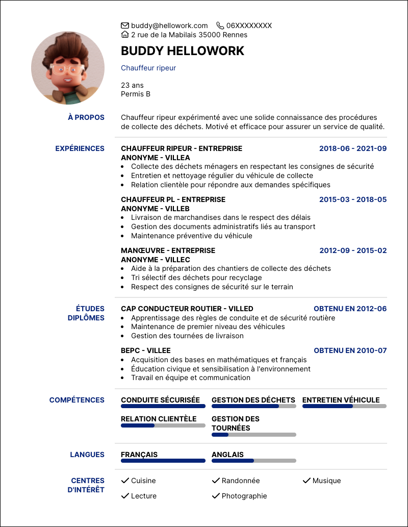 Modèle CV Chauffeur ripeur Exemple CV Chauffeur ripeur