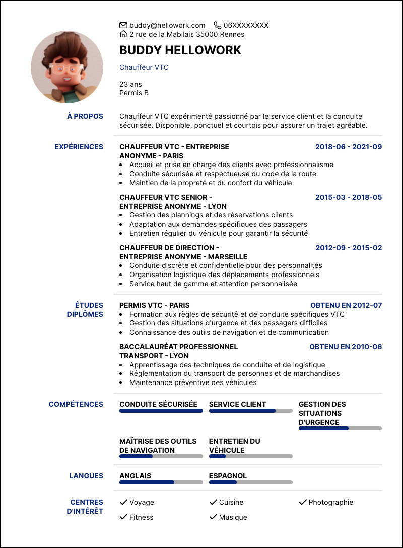 Modèle CV Chauffeur VTC Exemple CV Chauffeur VTC