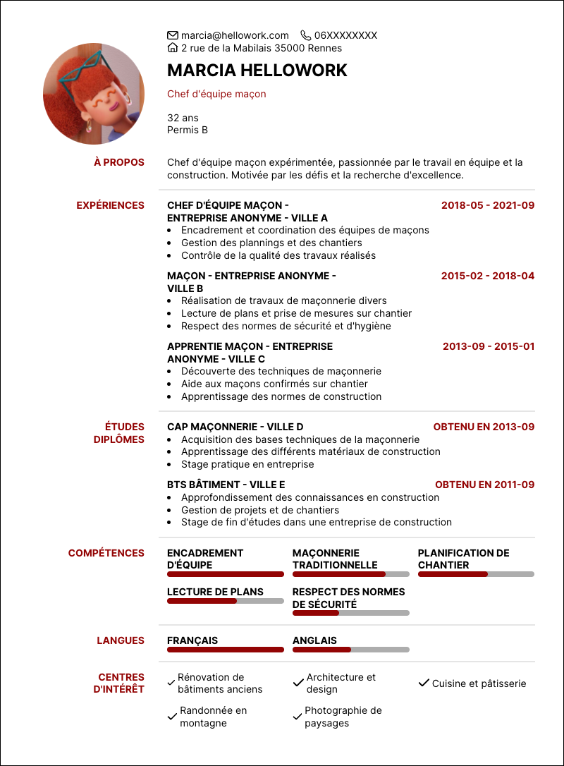 Exemple CV Chef d'équipe maçon