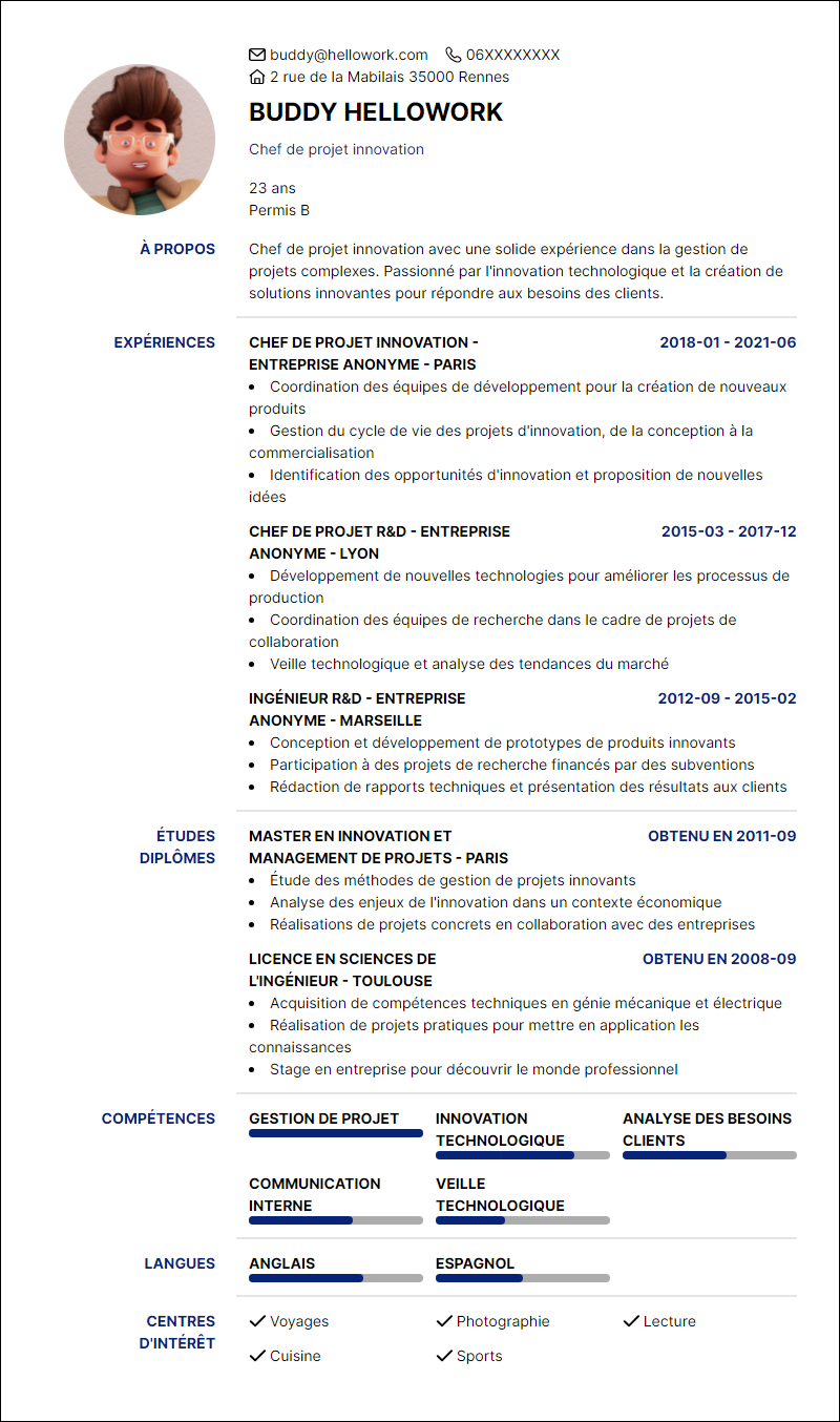 Modèle CV Chef de projet innovation Exemple CV Chef de projet innovation