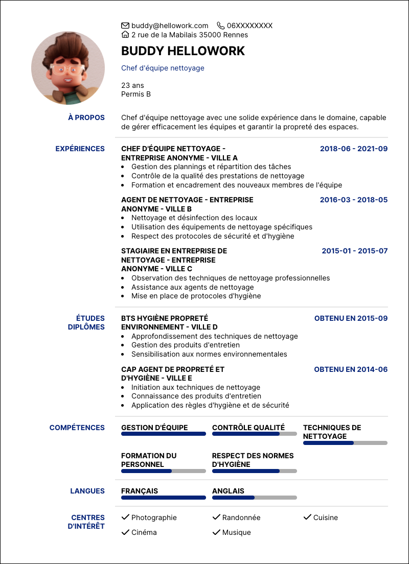 Modèle CV Chef d'équipe nettoyage Exemple CV Chef d'équipe nettoyage