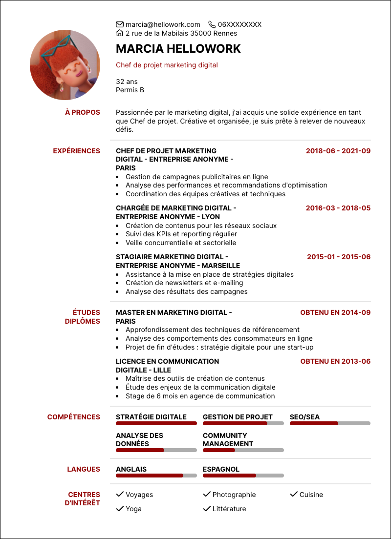 Modèle CV Chef de projet marketing digital Exemple CV Chef de projet marketing digital