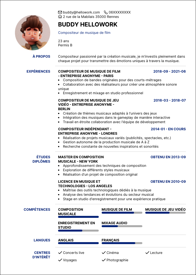 Modèle CV Compositeur Exemple CV Compositeur