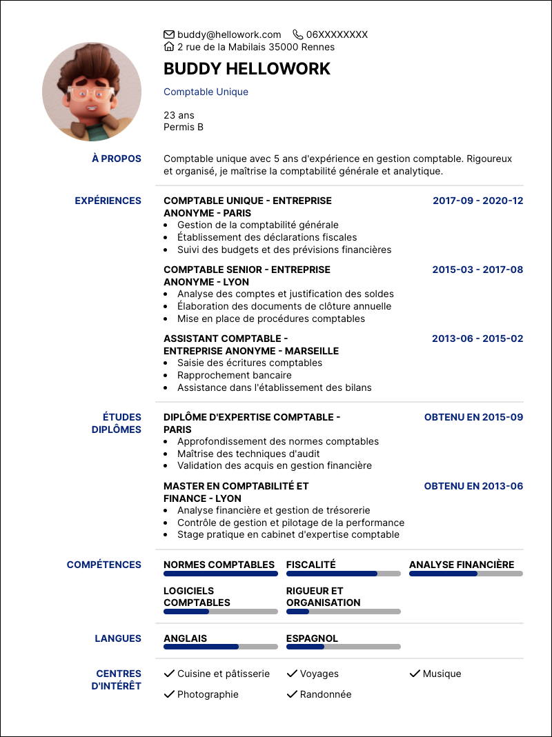 Modèle CV Comptable unique Exemple CV Comptable unique